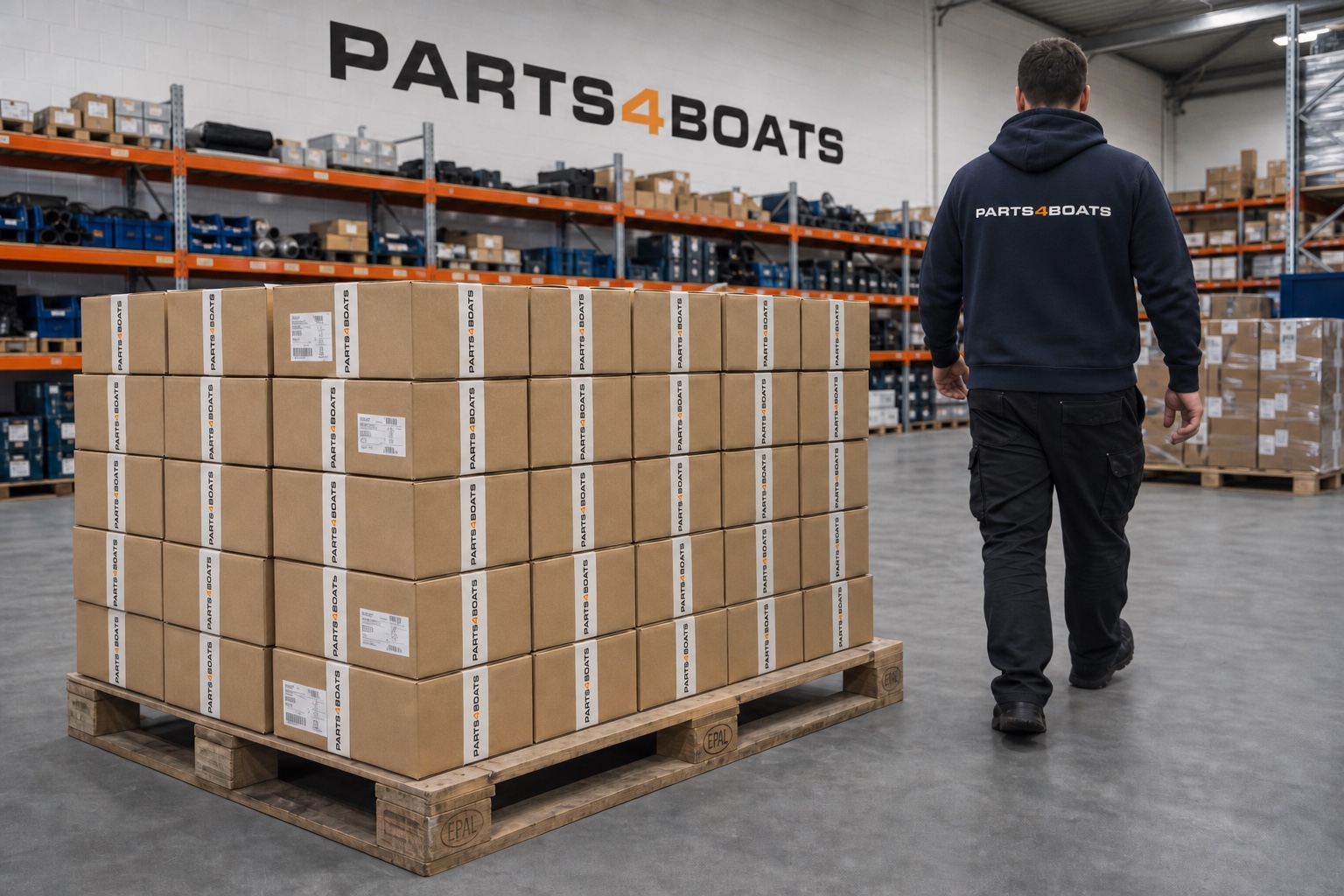 Paquetes listos para enviar en el almacén de Parts4Boats